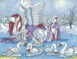 Size: 1997x1543 | Tagged: safe, artist:equigoyle, paradise, snow'el ii, bird, pegasus, pony, swan, g1, g3, animal, bare tree, colored wings, colored wingtips, female, mare, realistic anatomy, snow, spread wings, swimming, traditional art, tree, water, wet mane, wings, winter