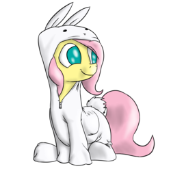 Size: 2000x2000 | Tagged: safe, artist:timsplosion, angel bunny, fluttershy, pegasus, pony, g4, animal costume, bunny costume, catchlights, clothes, costume, cute, female, high res, kigurumi, no pupils, shyabetes, simple background, sitting, solo, transparent background