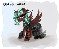 Size: 950x800 | Tagged: safe, artist:equie, oc, oc only, oc:equie, alicorn, pegasus, pony, alicorn oc, black dress, clothes, dress, gothic, green mane, horn, horn jewelry, jewelry, solo