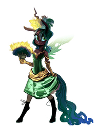 Size: 569x762 | Tagged: safe, artist:jokerpony, queen chrysalis, changeling, changeling queen, anthro, g4, alternate hairstyle, breasts, cleavage, clothes, dress, evening gloves, female, gloves, long gloves, looking at you, paper fan, socks, solo