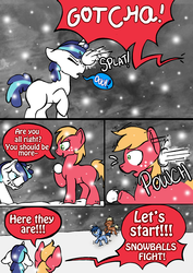 Size: 1650x2330 | Tagged: safe, artist:selyte, big macintosh, blues, meadow song, noteworthy, shining armor, earth pony, pony, g4, colt, comic, male, snow, snowball, snowball fight, snowfall, stallion, younger