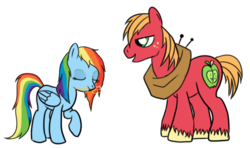 Size: 495x294 | Tagged: safe, artist:karmadash, big macintosh, rainbow dash, earth pony, pony, g4, eyes closed, key, male, mouth hold, open mouth, rainbow, raised hoof, ship:rainbowmac, shipping, simple background, smiling, stallion, straight, transparent background, vector