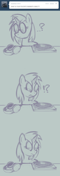 Size: 655x1911 | Tagged: safe, artist:askdjp0n3, artist:lowkey, dj pon-3, vinyl scratch, pony, unicorn, ask dj pon-3, g4, confused, disc jockey, exclamation point, female, looking down, mare, monochrome, question mark, solo, tumblr, turntable