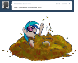 Size: 1000x803 | Tagged: safe, artist:askdjp0n3, artist:lowkey, dj pon-3, vinyl scratch, pony, unicorn, ask dj pon-3, g4, autumn, female, leaves, mare, solo, tumblr