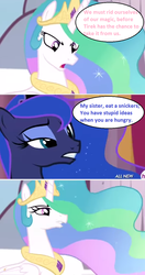 Size: 674x1278 | Tagged: safe, artist:ed-skar, princess celestia, princess luna, g4, twilight's kingdom, meme, snickers, this will end in tears and/or a journey to the moon, you're not you when you're hungry