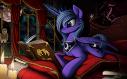 Size: 2500x1563 | Tagged: safe, artist:yakovlev-vad, princess luna, alicorn, bird, firefly (insect), owl, pony, journal of the two sisters, art, bed, book, candle, female, fire, magic, mare, moon, pillow, prone, quill, s1 luna, smiling, solo, telekinesis, window, writing