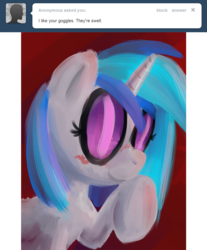 Size: 952x1148 | Tagged: safe, artist:askdjp0n3, artist:lowkey, dj pon-3, vinyl scratch, pony, unicorn, ask dj pon-3, g4, blushing, female, red background, simple background, solo, tumblr