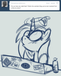 Size: 949x1176 | Tagged: safe, artist:askdjp0n3, artist:lowkey, dj pon-3, vinyl scratch, pony, unicorn, ask dj pon-3, g4, clothes, female, implied rainbow dash, looking up, monochrome, panties, solo, tumblr, underwear