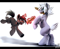 Size: 1972x1614 | Tagged: safe, artist:rinsole, oc, oc only, oc:stone heart, oc:zealous heart, pony, bipedal, brothers, collaboration, colt, magic, male, open mouth, playing, rearing, running, smiling, sparring, telekinesis, unshorn fetlocks, wooden sword