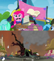 Size: 1920x2160 | Tagged: safe, screencap, dizzy twister, doctor whooves, lyra heartstrings, orange swirl, pinkie pie, time turner, g4, trade ya!, twilight's kingdom, book, bowtie, destroyed, drama, fake moustache, golden oaks library, hat, library, op is trying to start shit, subtitles, text