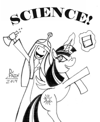 Size: 573x700 | Tagged: safe, artist:drpain, twilight sparkle, alicorn, pony, g4, adventure time, crossover, female, male, mare, monochrome, princess bubblegum, science, that pony sure does love science, twilight sparkle (alicorn)