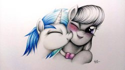 Size: 1024x577 | Tagged: safe, artist:coke-brother, dj pon-3, octavia melody, vinyl scratch, g4, blushing, boop, cute, duo, eyes closed, female, lesbian, nose wrinkle, nuzzling, open mouth, ship:scratchtavia, shipping, smiling, wink