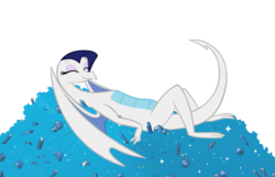 Size: 900x578 | Tagged: safe, artist:queencold, oc, oc only, oc:ivory, dragon, beautiful, claws, dragon hoard, dragon oc, dragoness, eyes closed, eyeshadow, gem, greedy, hoard, implied sleep, lying down, makeup, pleased, raised tail, sapphire, simple background, sin of greed, smiling, smirk, solo, spread wings, tail, teenaged dragon, teenager, toes, transparent background, treasure, wings