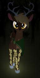Size: 800x1560 | Tagged: safe, artist:sirzi, oc, oc only, deer, original species, vitrung, cervine, cloak, clothes, darkness, deer oc, glowing, horns, leaf, looking at you, non-pony oc, solo, tattoo
