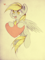 Size: 600x799 | Tagged: safe, artist:agletka, derpy hooves, pegasus, pony, g4, female, happy, heart, mare, solo, traditional art