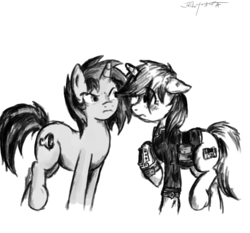 Size: 1072x1000 | Tagged: safe, artist:masterjosh140, oc, oc only, oc:homage, oc:littlepip, pony, unicorn, fallout equestria, black and white, clothes, cutie mark, fanfic, fanfic art, female, floppy ears, grayscale, horn, jumpsuit, mare, monochrome, oc x oc, pipbuck, raised hoof, ship:pipmage, shipping, simple background, vault suit, white background