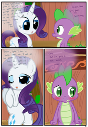 Size: 1741x2500 | Tagged: safe, artist:pyruvate, rarity, spike, dragon, pony, unicorn, comic:dragon queen, g4, bipedal, blushing, butt, comic, female, male, one eye closed, plot, ship:sparity, shipping, straight