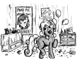Size: 986x1000 | Tagged: safe, artist:masterjosh140, pinkie pie, oc, oc:silver bell, earth pony, pony, unicorn, fallout equestria, g4, balloon, black and white, broken horn, fanfic, fanfic art, female, filly, forever, grayscale, hooves, horn, looking at you, mare, ministry mares, ministry of morale, monochrome, pinkie pie is watching you, poster, propaganda, smiling, solo, text