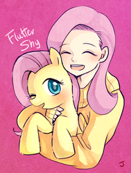 Size: 553x730 | Tagged: safe, artist:ujey02, fluttershy, human, g4, eyes closed, hug, human ponidox, humanized