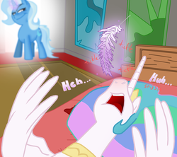 Size: 3124x2780 | Tagged: safe, artist:masterxtreme, princess celestia, trixie, g4, feather, fetish, high res, nostrils, pre sneeze, red nosed, sneezing, sneezing fetish, tickling