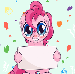 Size: 892x880 | Tagged: safe, artist:a6p, pinkie pie, g4, blushing, exploitable, female, grin, hoof hold, looking at you, sign, sitting, smiling, solo, template