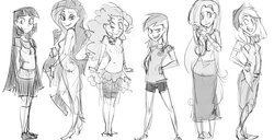 Size: 2000x1024 | Tagged: safe, artist:thelivingmachine02, applejack, fluttershy, pinkie pie, rainbow dash, rarity, twilight sparkle, human, g4, clothes, grayscale, humanized, kneesocks, line-up, long skirt, looking at you, mane six, miniskirt, monochrome, shoes, simple background, sketch, skirt, socks, white background