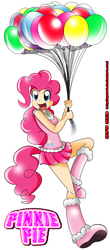 Size: 1489x3383 | Tagged: safe, artist:ryured, pinkie pie, human, g4, balloon, clothes, female, humanized, miniskirt, skirt, solo, tailed humanization, then watch her balloons lift her up to the sky
