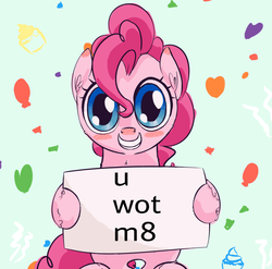 Size: 892x880 | Tagged: safe, artist:a6p, pinkie pie, g4, blushing, female, grin, hoof hold, looking at you, meme, sign, sitting, smiling, solo, u wot m8