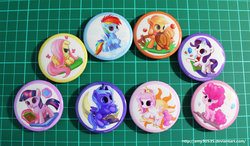 Size: 800x467 | Tagged: safe, artist:amy30535, applejack, fluttershy, pinkie pie, princess celestia, princess luna, rainbow dash, rarity, twilight sparkle, g4, badge, buttons, cewestia, cute, female, filly, filly applejack, filly fluttershy, filly pinkie pie, filly rainbow dash, filly rarity, filly twilight sparkle, mane six, photo, woona, younger