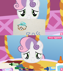 Size: 796x896 | Tagged: safe, sweetie belle, human, pony, unicorn, g4, coloring with sweetie belle, crayon, crying, exploitable meme, game grumps, implied rarity, looking at you, meme, rejected, ross o'donovan, sad, show accurate, this ended in tears