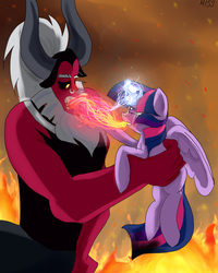 Size: 800x1000 | Tagged: safe, artist:misspolycysticovary, lord tirek, twilight sparkle, alicorn, centaur, pony, taur, g4, crying, duo, eye contact, female, holding a pony, magic, magic theft, male, mare, open mouth, running makeup, that centaur sure does love magic, twilight sparkle (alicorn), twilight vs tirek