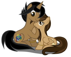 Size: 3500x2800 | Tagged: safe, artist:junkiesnewb, oc, oc only, oc:aegis aurora, oc:harmony inkwell, pegasus, pony, unicorn, bracelet, couple, cute, duo, female, harmogis, high res, holding hooves, looking at you, male, ring, shipping, sitting, smiling, straight