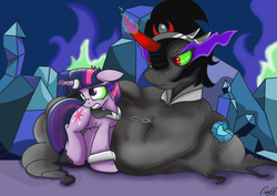 Size: 900x636 | Tagged: dead source, safe, artist:mistydash, king sombra, twilight sparkle, hutt, umbrum, g4, bedroom eyes, bondage, chains, collar, crystal heart, cuffs, fat, female, femsub, floppy ears, gritted teeth, horn, horn ring, jabba the hutt, larger male, magic, magic suppression, male, maledom, ship:twibra, shipping, size difference, slave, smaller female, smiling, somblob, sombra eyes, star wars, straight, submissive, wide eyes
