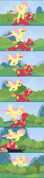 Size: 2500x9884 | Tagged: safe, artist:anarchemitis, big macintosh, fluttershy, earth pony, pegasus, pony, g4, ^^, boop, comic, cute, eye contact, eyes closed, fluttershy riding big macintosh, flying, galloping, gliding, log, looking back, male, noseboop, nuzzling, ponies riding ponies, riding, running, ship:fluttermac, shipping, smiling, stallion, straight, wide eyes