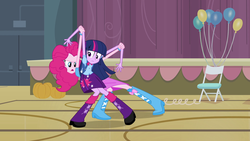 Size: 1280x720 | Tagged: safe, screencap, pinkie pie, twilight sparkle, equestria girls, g4, backpack, balloon, boots, bracelet, clothes, frown, glare, grabbing, high heel boots, jewelry, skirt, wide eyes