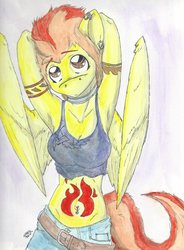Size: 1024x1392 | Tagged: safe, artist:spark-theory, spitfire, anthro, g4, armpits, belly button, belly piercing, bellyfire, bellyring, clothes, female, midriff, piercing, solo, tank top, tattoo