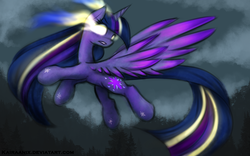 Size: 1000x625 | Tagged: safe, artist:kairaanix, twilight sparkle, alicorn, pony, g4, twilight's kingdom, cloud, cloudy, female, flying, glowing eyes, gritted teeth, mare, rainbow power, sky, solo, spread wings, super saiyan princess, twilight sparkle (alicorn)