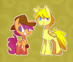 Size: 800x681 | Tagged: safe, artist:herny, scootaloo, scootalootheadventurer, g4, abstract background, duo, full body, happy, hat, jewelry, looking at you, looking back, necklace, no catchlights, no pupils, outline, side by side, side view, smiling, white outline