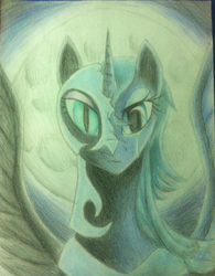 Size: 1903x2442 | Tagged: safe, artist:esnnoirlyltoc, nightmare moon, princess luna, alicorn, pony, g4, armor, bust, crying, dual persona, duality, female, helmet, mare, moon, peytral, portrait, solo, spread wings, traditional art, wings