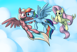 Size: 1600x1075 | Tagged: safe, artist:nadnerbd, fluttershy, rainbow dash, oc, oc:dawn seeker, pegasus, pony, g4, cloud, dash of humanity, fanfic art, female, flying, long tail, mare, sky, tail, windswept tail, wings