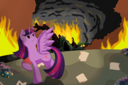 Size: 3600x2400 | Tagged: safe, artist:thepiplup, twilight sparkle, alicorn, pony, g4, twilight's kingdom, female, fire, golden oaks library, high res, mare, scene interpretation, solo, twilight sparkle (alicorn)