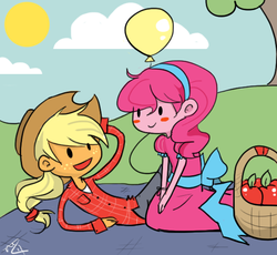 Size: 549x506 | Tagged: safe, artist:drjekyllmrhyde, applejack, pinkie pie, human, g4, adventure time, balloon, humanized, male, picnic, style emulation