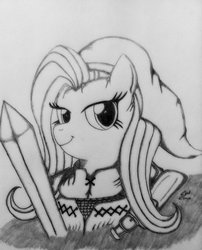 Size: 803x995 | Tagged: safe, artist:corvostawr, fluttershy, g4, clothes, costume, crossover, female, monochrome, solo, sword, the legend of zelda