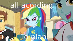 Size: 1280x720 | Tagged: safe, screencap, rainbow dash, equestria girls, g4, my little pony equestria girls, all according to keikaku, background human, female, grammar, keikaku means plan