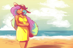 Size: 1280x841 | Tagged: safe, artist:herny, princess celestia, human, g4, beach, beach dress, chubby, chubbylestia, clothes, cloud, cloudy, dark skin, dress, female, grin, hat, humanized, lipstick, moderate dark skin, ocean, smiling, solo, sun hat, sundress, tan, tanlestia