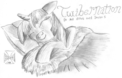 Size: 2045x1312 | Tagged: safe, artist:bhiggo, twilight sparkle, pony, g4, blanket, cute, eyes closed, female, floppy ears, fluffy, hibernation, monochrome, on side, pillow, pun, sleeping, smiling, solo, twibernation