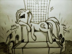 Size: 1024x768 | Tagged: safe, artist:corvostawr, trixie, pony, unicorn, g4, chanting, crowd, female, idolatry, mare, monochrome, solo, throne, throne room, traditional art, worship