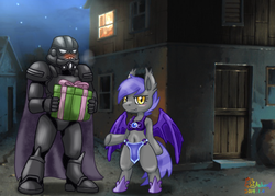 Size: 700x500 | Tagged: safe, artist:ashwolf, oc, oc only, oc:midnight blossom, bat pony, pony, semi-anthro, armor, belly button, bikini, bipedal, chainmail bikini, clothes, midriff, present, stormtrooper, swimsuit, unconvincing armor