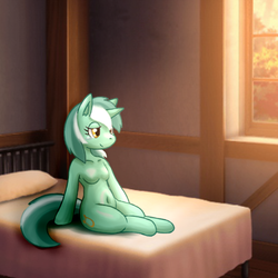 Size: 500x500 | Tagged: safe, artist:ashwolf, lyra heartstrings, anthro, g4, arm hooves, barbie doll anatomy, bed, belly button, breasts, featureless breasts, female, nudity, solo