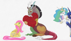 Size: 1500x883 | Tagged: safe, artist:thecuriousfool, discord, fluttershy, princess celestia, princess luna, g4, female, flower, male, ship:discoshy, shipping, straight